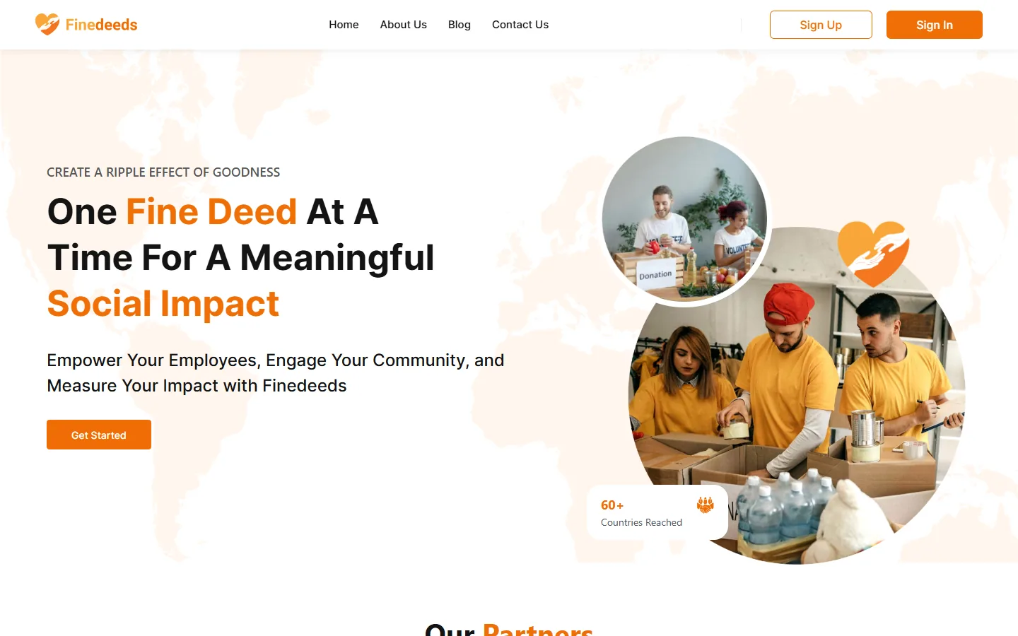 Finedeeds homepage with the headline “One Fine Deed At A Time For A Meaningful Social Impact”