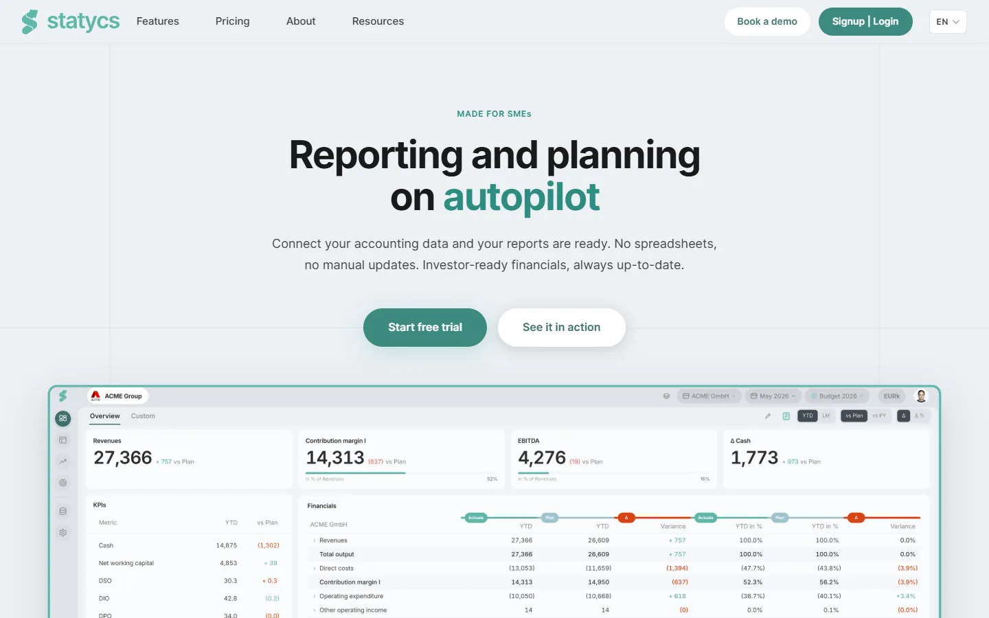 statycs homepage with the headline “Reporting and planning on autopilot”